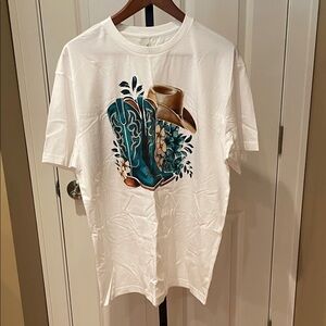 White T-Shirt with Cowboy Boots and Hat Graphic NWOT